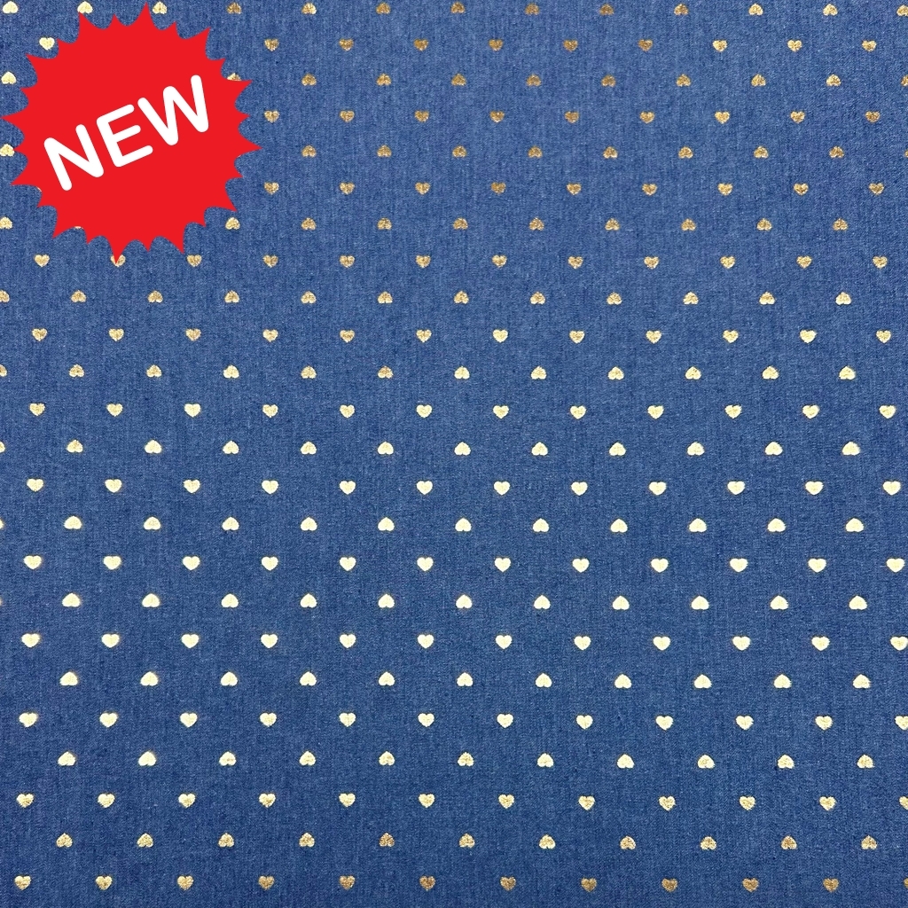 Gold Foil Hearts Chambray Denim Fabric