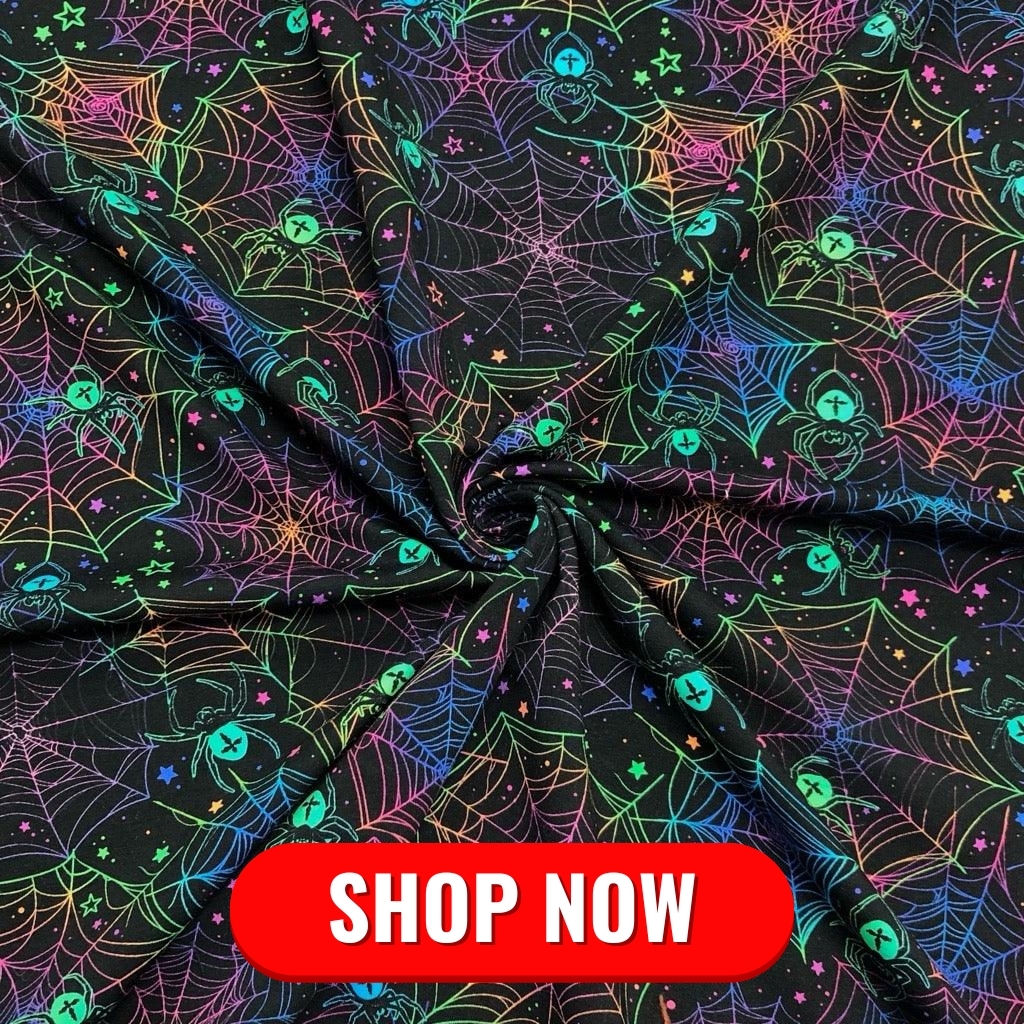 Multicoloured Spider Webs on Black French Terry Fabric