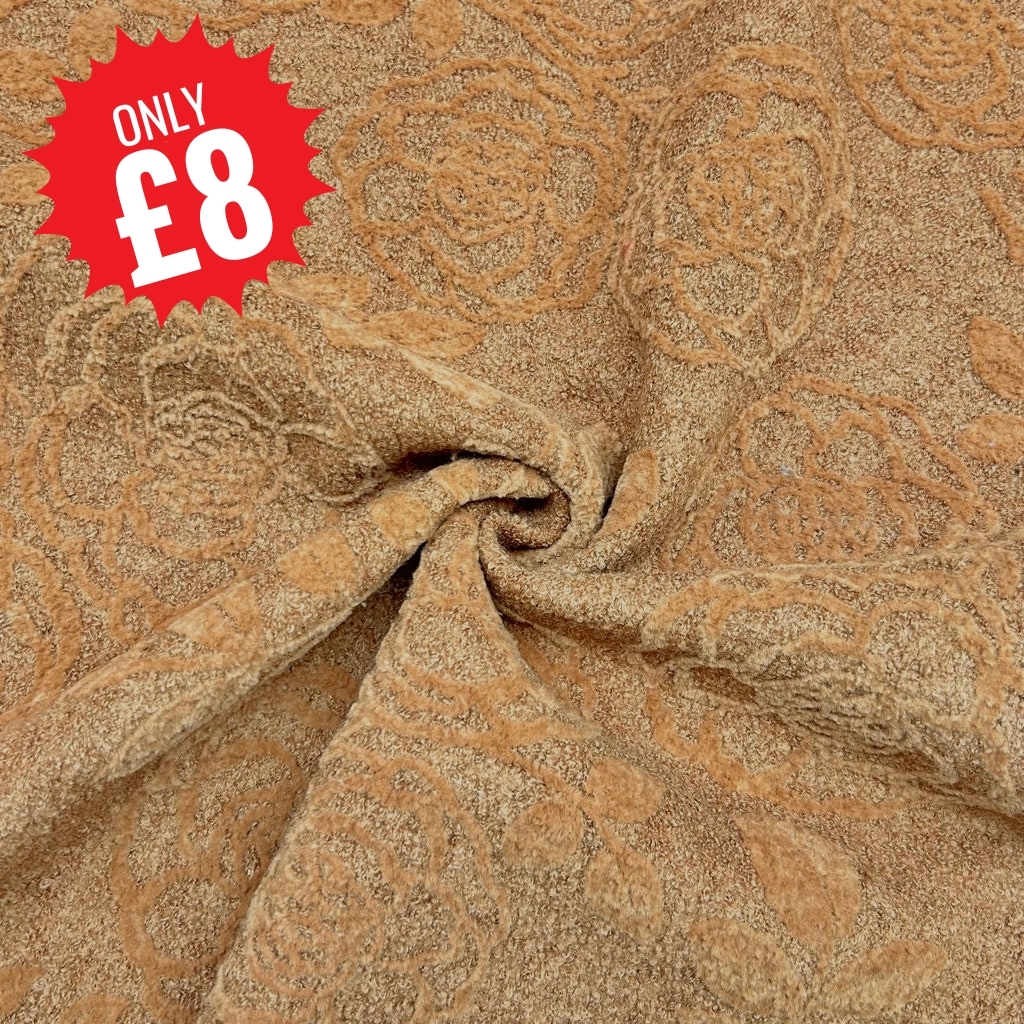 Caramel Floral Embroided Boiled Wool Fabric