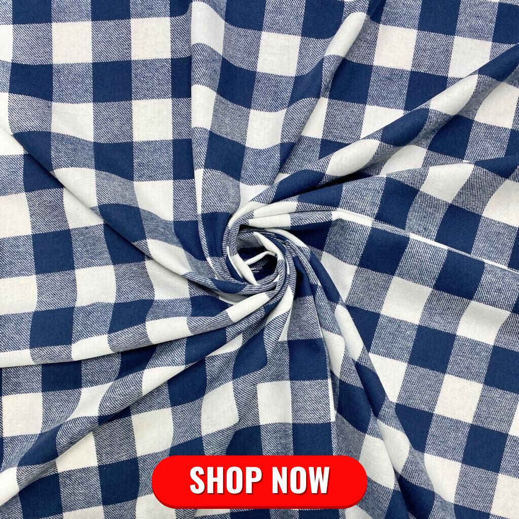 Blue and Ivory Checkered Brushed Cotton Fabric