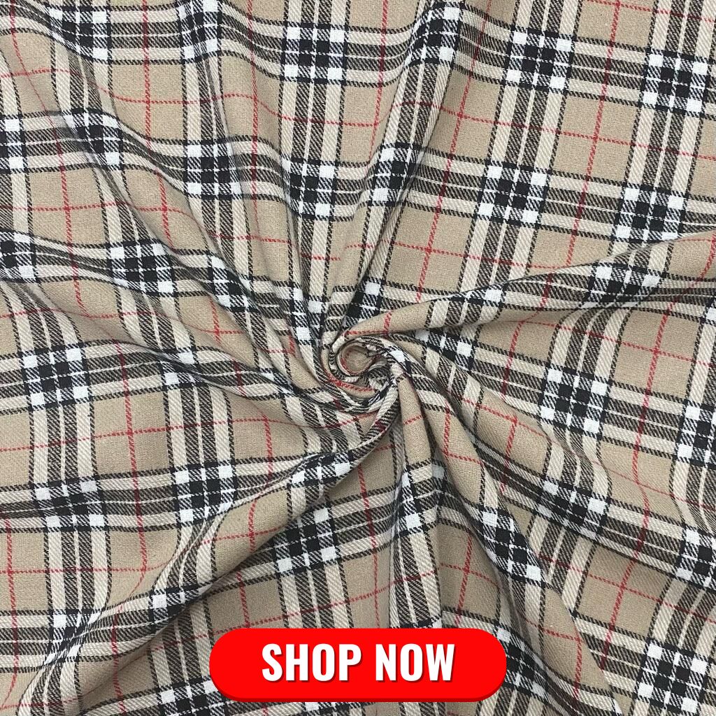 Beige Checkered Design Brushed Cotton Fabric