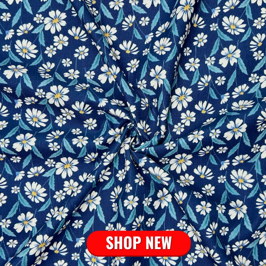 Daisy Flowers on Blue Needlecord Fabric