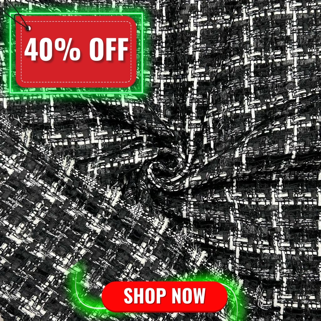 White Check on Black Tweed Fabric