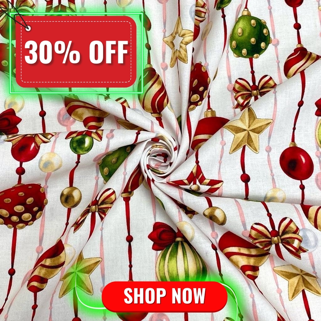 Xmas Ornaments on White Cotton Fabric