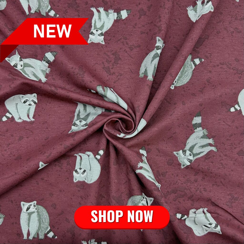 Raccoons on Burgundy Cotton Jersey Fabric