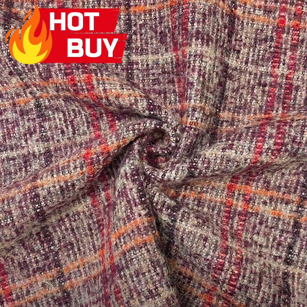 Red and Plum Checkered Wool Boucle Fabric