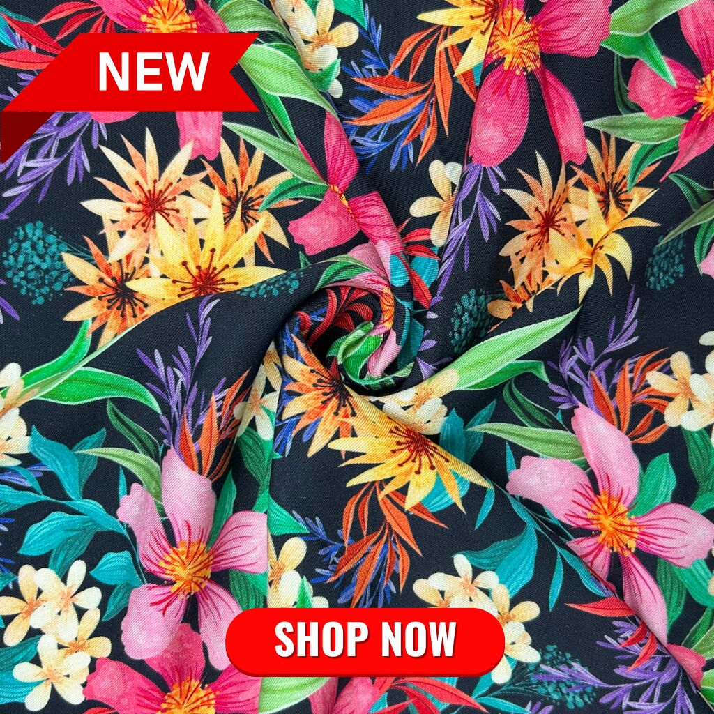 Vibrant Flowers on Black Viscose Twill Fabric