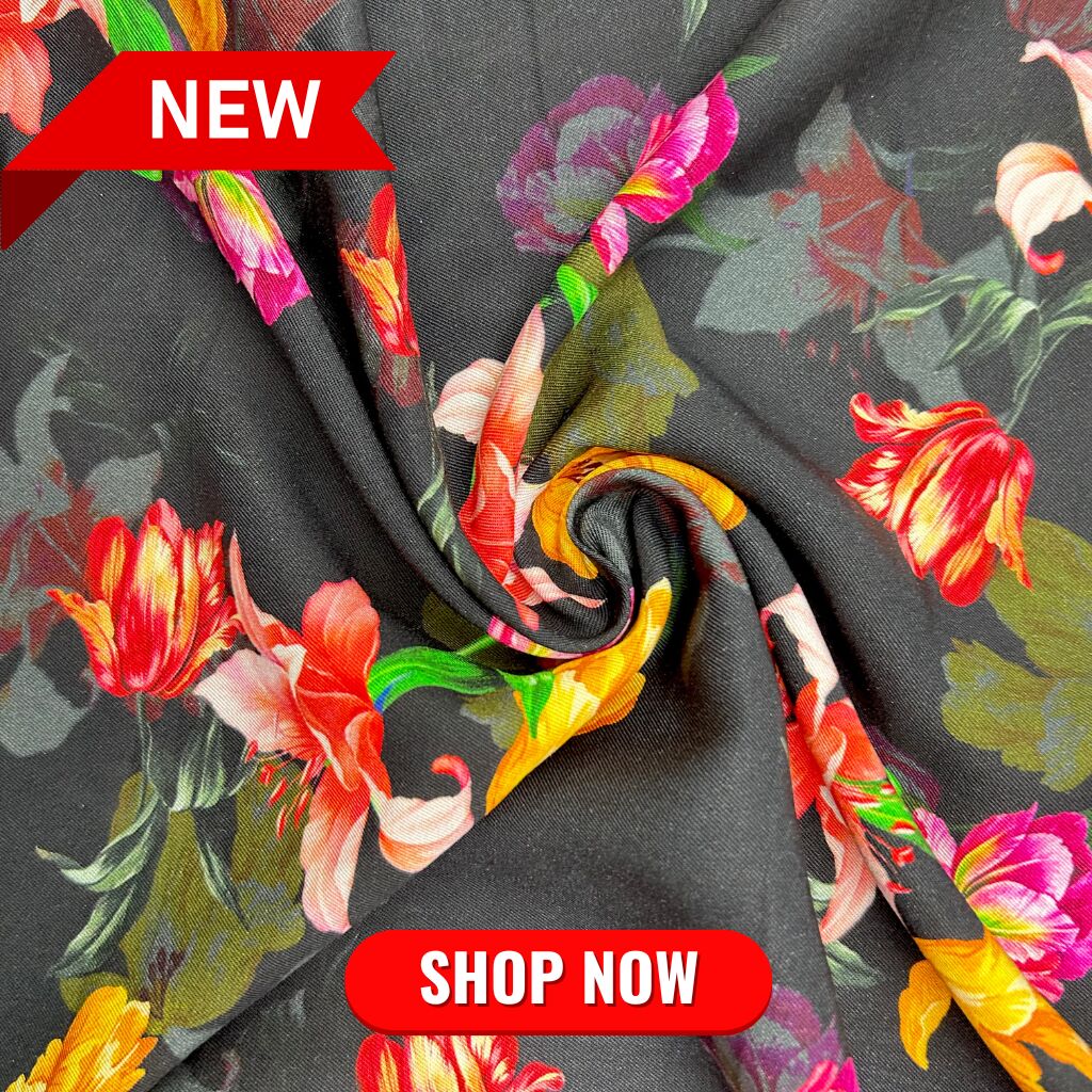 Tulips on Black Viscose Twill Fabric