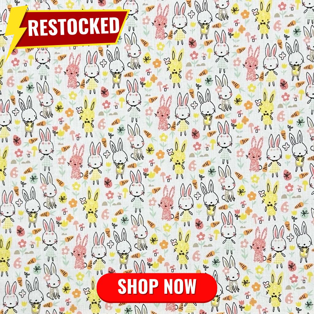 Peach and Yellow Bunnies on White Polycotton Fabric