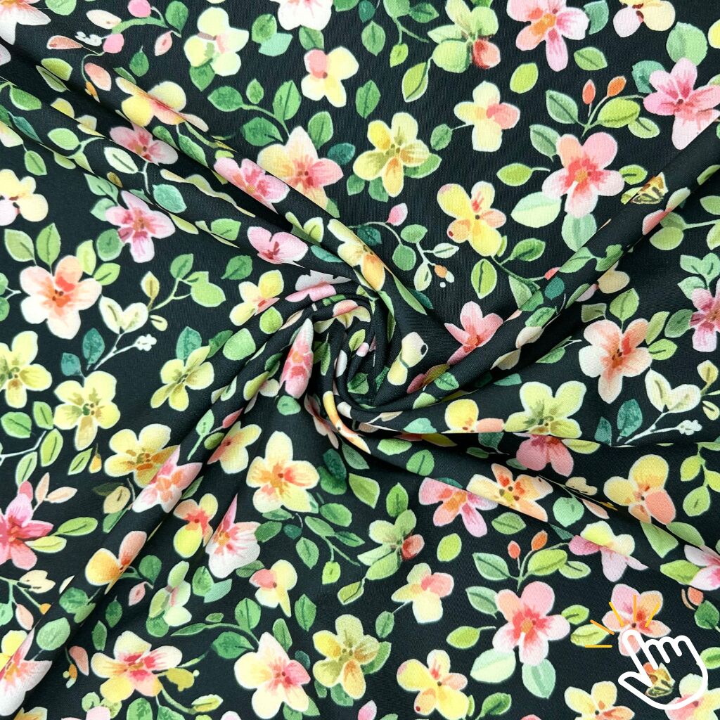 Cute Flowers on Black Polyester Fabric